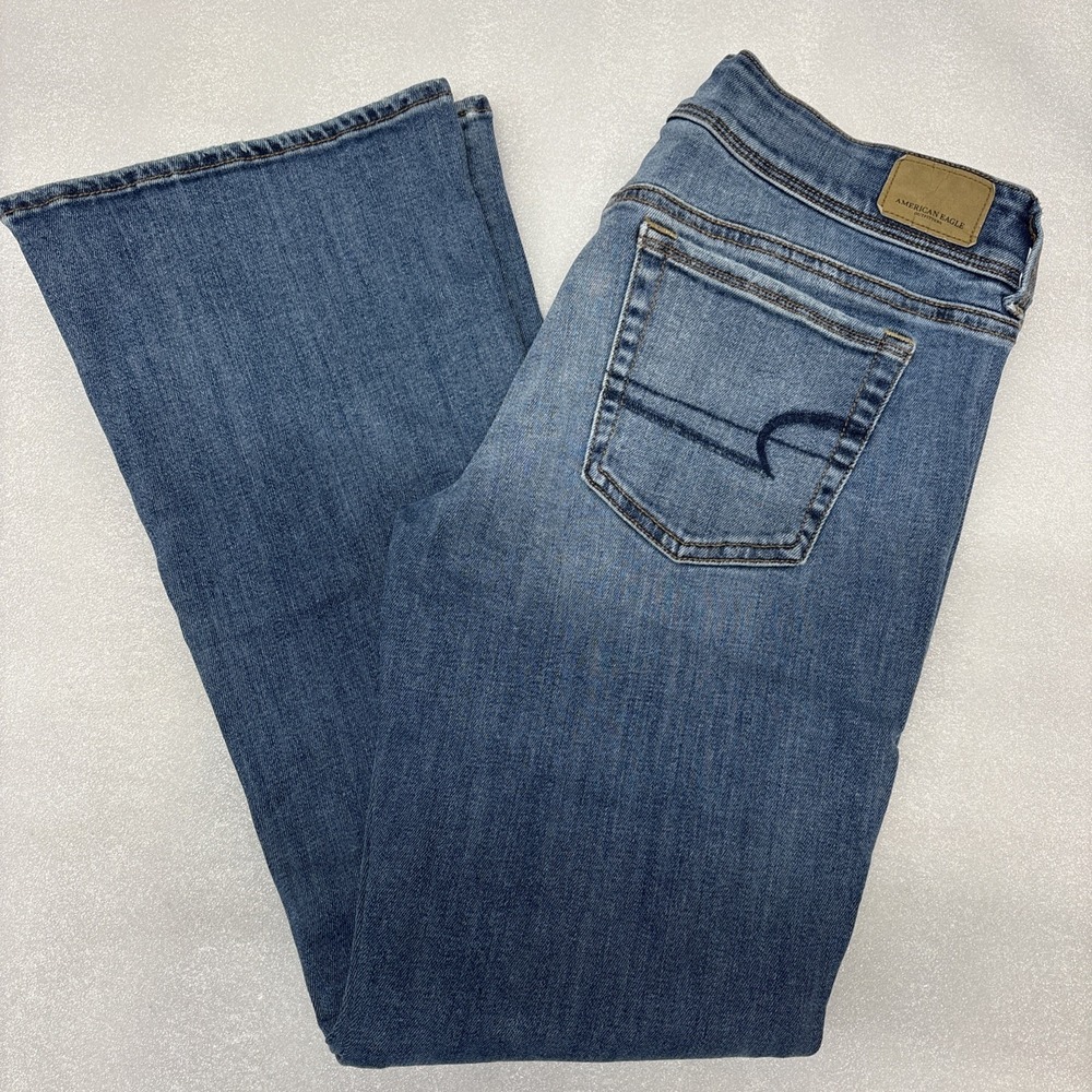 American Eagle Kick Boot Jeans Women 8x28 Blue Denim Stretch Low Rise Broken In